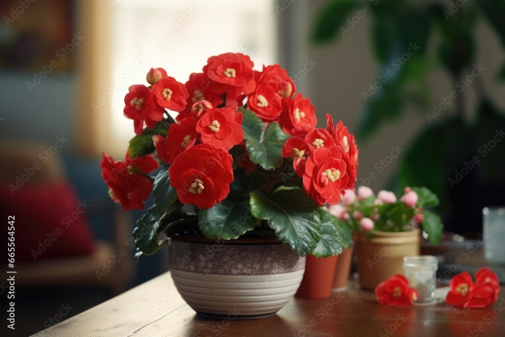 Aufkleber a potted plant with vibrant red flowers placed on a table. perfect for adding a pop of color to any 