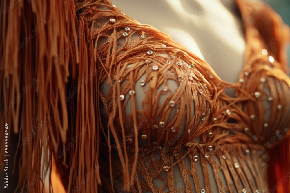 Poster a detailed view of a dress adorned with fringes. this image can be used for fashion-related projects