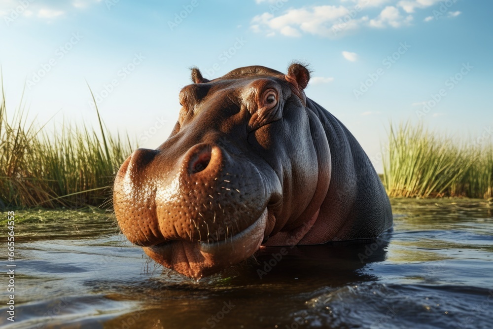 Poster a picture of a hippo in a body of water with grass in the background. this image can be used to depi