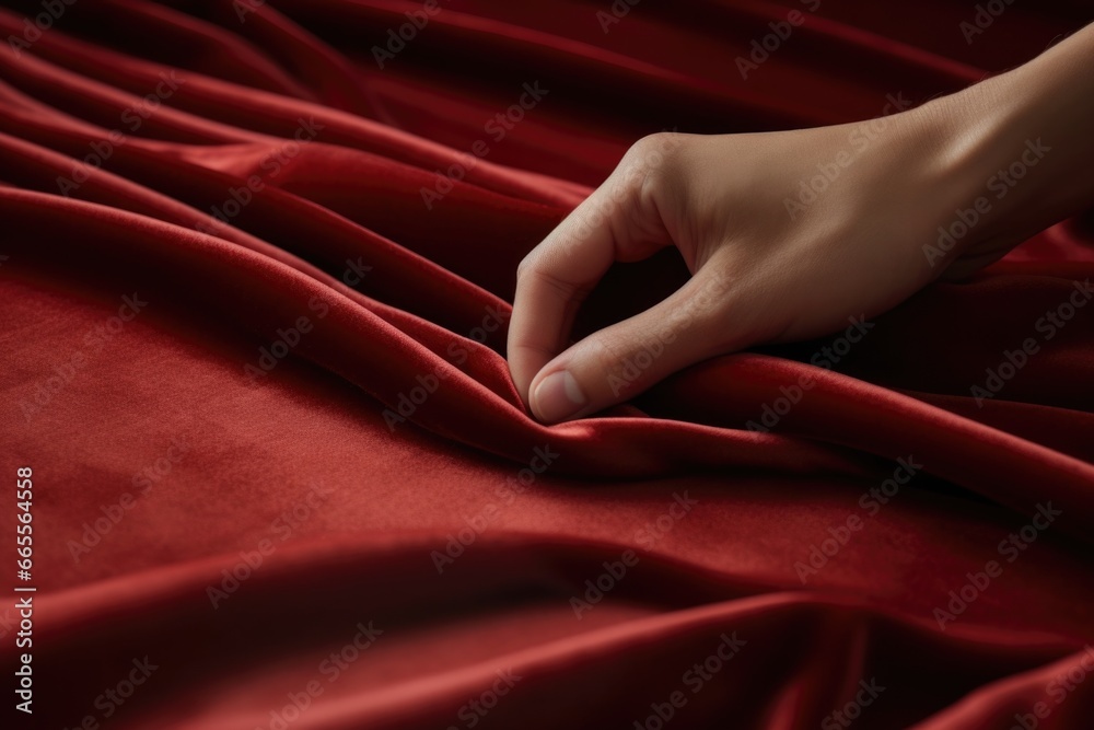 Poster A close-up photograph of a person's hand resting on a vibrant red cloth. This image can be used to convey concepts such as touch, texture, or creativity in various projects.