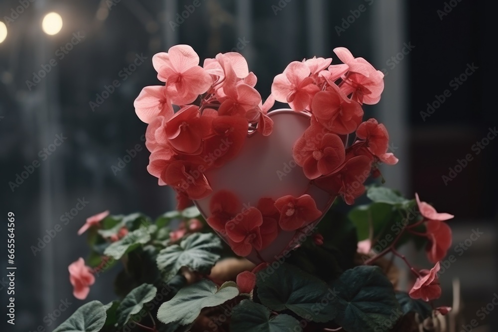 Poster a heart-shaped planter filled with beautiful pink flowers. this picture can be used to add a touch o