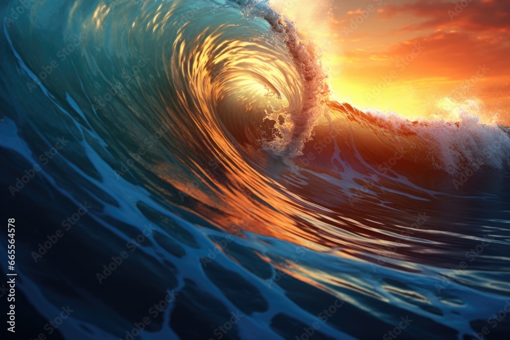 Poster a stunning image capturing a large wave in the ocean at sunset. perfect for beach enthusiasts and na