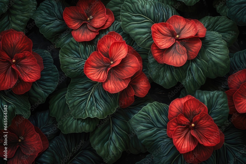 Poster a vibrant group of red flowers sitting on top of lush green leaves. perfect for adding a pop of colo