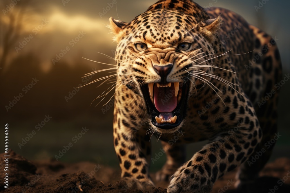 Poster A close-up image of a leopard with its mouth wide open, displaying its sharp teeth. 