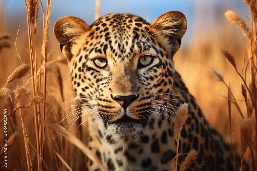 Poster A close-up photograph of a leopard in a field of tall grass. 