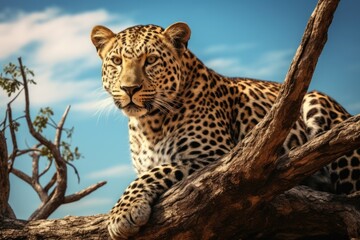 A leopard is seen sitting on a tree branch. This image can be used to depict the beauty and grace of wildlife in its natural habitat.