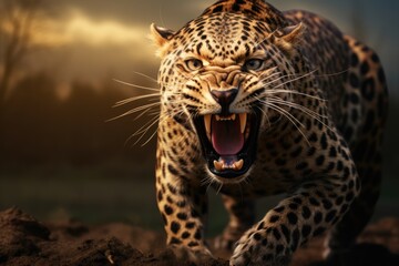 A close-up image of a leopard with its mouth wide open, displaying its sharp teeth. 