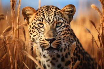 Fototapeta premium A close-up photograph of a leopard in a field of tall grass. 