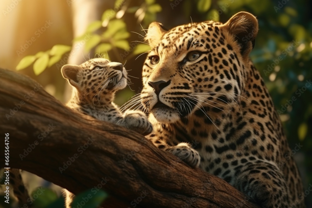 Poster A mother leopard and her cub are seen sitting together on a tree branch. This image can be used to depict the bond between a mother and her child, wildlife conservation, or the beauty of nature