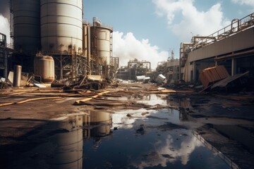 Obraz premium A picture of a dirty industrial area with a large amount of water. This image can be used to depict pollution, environmental issues, or industrial landscapes.