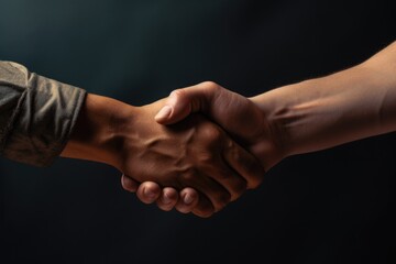 Two people are shown in a close-up, shaking hands. This image can be used to represent business partnerships, agreements, or collaboration.