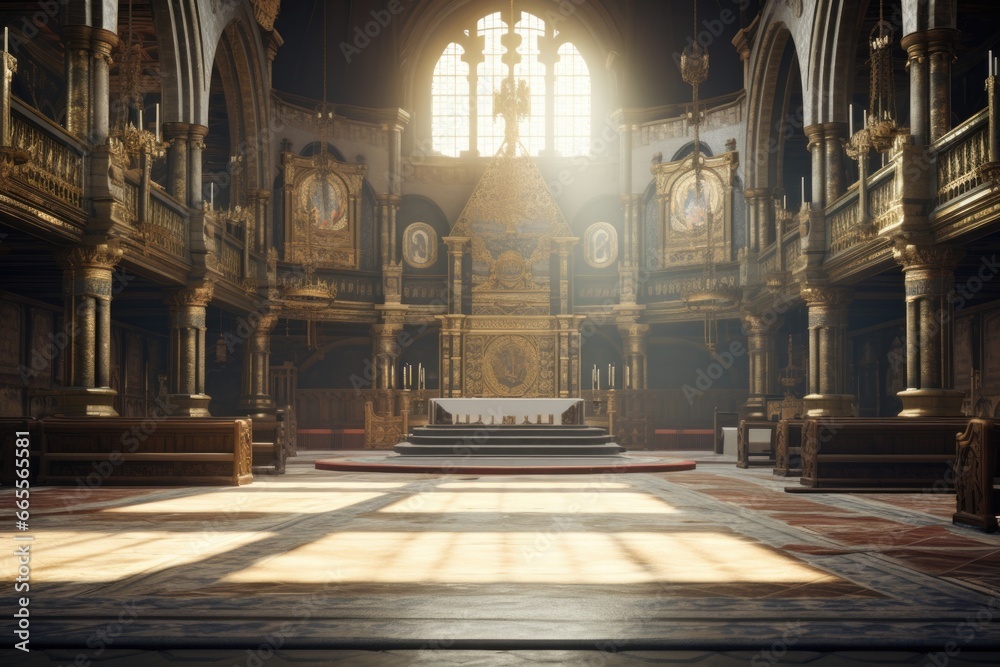 Poster a picture of a church with a large altar in the middle. this image can be used to depict religious c