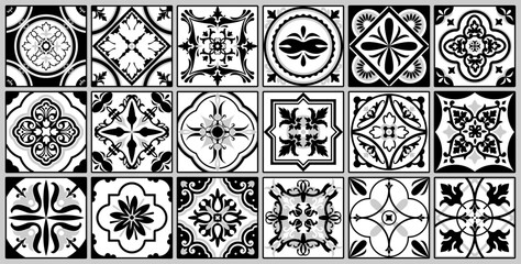 Set of 18 Azulejos tiles in black, white. Original traditional Portuguese and Spanish decor. Seamless patchwork with Victorian motifs. Talavera style ceramic tiles. Mosaic by Gaudi. Vector
