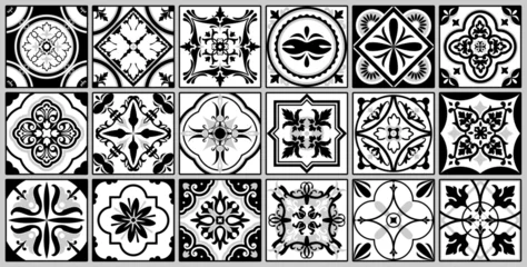 Abwaschbare Fototapete Portugal Keramikfliesen Set of 18 Azulejos tiles in black, white. Original traditional Portuguese and Spanish decor. Seamless patchwork with Victorian motifs. Talavera style ceramic tiles. Mosaic by Gaudi. Vector