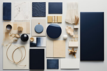 Elegance in Midnight Gold Mood Board. Light Aqua to Deep Navy Color Palette.