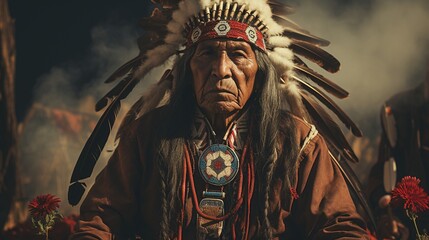 Native American Blackfoot chief wearing traditional clothing and and feathers - obrazy, fototapety, plakaty