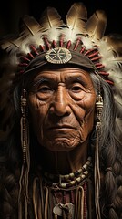 Native American Blackfoot chief wearing traditional clothing and and feathers