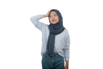 Young Asian Hijab Woman with hand touching head Isolated