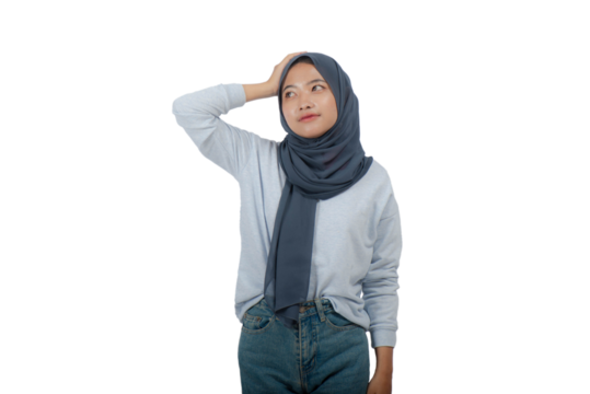 Young Asian Hijab Woman with hand touching head Isolated
