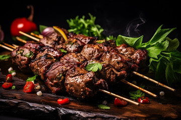 Raw beef or lamb kebab on skewers with vegetables on a wooden table,  , generative ai.