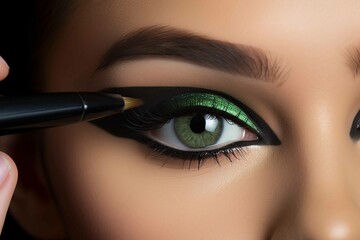 Makeup artist applying a bold and dramatic winged eyeliner, Close Up shot