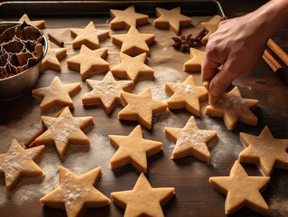 Overhead view of christmas star shaped cookies being prepared in a festive kitchen