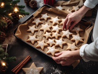 Overhead view of christmas star shaped cookies being prepared in a festive kitchen - obrazy, fototapety, plakaty