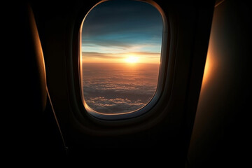 A view from the window of an airplane. Flying over the ground, view over an abyss, flying . Beautiful scenic view of sunset through aircraft window. Image save-path for window airplane.