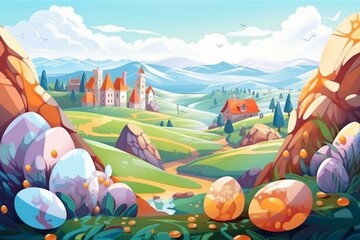 Eggs in picturesque landscapes for Easter hunt. Ideal for children's books, fairy tales, and illustrations. Generative AI