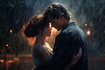 Kiss in the rain romantic scene in the rain  - obrazy, fototapety, plakaty