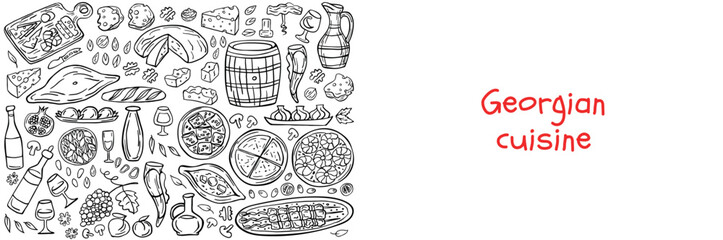 Long banner of Georgian cuisine on a white background. Traditional Georgian food: khachapuri, khinkali, wine, kebab, nuts, fruits, bread. Vector illustration