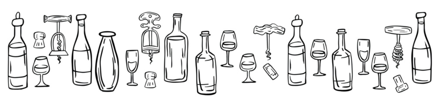 Long banner of set outline wine bottles, glasses, corks on a white background. Vector illustration