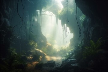 Enigmatic misty rainforest with luminous cavern, animated style. Generative AI
