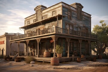 Render of an old western sheriff's office in a rustic town. Generative AI - obrazy, fototapety, plakaty