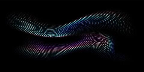 Flowing dot particles wave 3D curve pattern blue and green gradient light isolated on black background. Vector in concept of AI technology, science, music. - obrazy, fototapety, plakaty