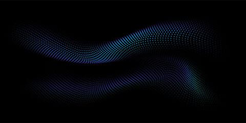 Flowing dots particles wave pattern 3D curve halftone blue and green gradient curve shape isolated on black background. Vector in concept of technology, science, music, modern. - 665574560