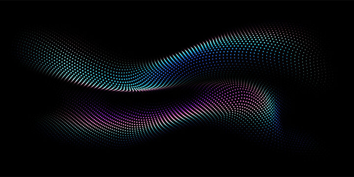 Flowing dot particles wave 3D curve pattern blue and green gradient light isolated on black background. Vector in concept of AI technology, science, music.