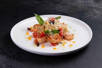 Shrimp pasta in a plate.