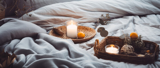 Fototapeta na wymiar Cozy candle composition on tray on linen bad sheet. Romantic still life with soft lights. Romantic mockup, template. Morning relax,ambience. Hotels bedroom. Generative ai.