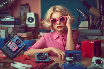 90s, hipsters Memphis style, 1990s, Retro music party, Funky, retrowave, cassette time, tape recorder neon, Fashion street style, bright looks, imported clothing, evocative style.