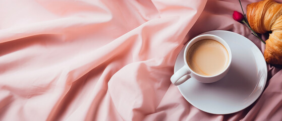 Pink mockup with breakfast, croissant, cup of coffee on linen sheet. Top view. breakfast on bed Morning relax,ambience. Hotels bedroom. Fall or winter leisure.Still life composition.Generative ai. - obrazy, fototapety, plakaty