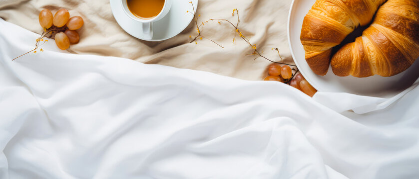 Mockup with breakfast, croissant, cup of coffee on linen sheet. Top view. breakfast on bed Morning relax,ambience. Hotels bedroom. Fall or winter leisure. Still life composition.Generative ai