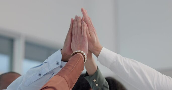 Business people, hands and high five for success, teamwork and cooperation for winning, partnership and collaboration. Closeup, employees and support to celebrate achievement, bonus deal or agreement