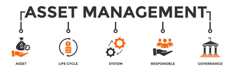 Asset management banner web icon vector illustration concept with icon of asset, life cycle, system, responsible and governance
