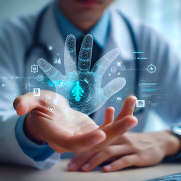  A hand doctor touching the virtual screen uses AI technology to diagnose a disease on hand patients.