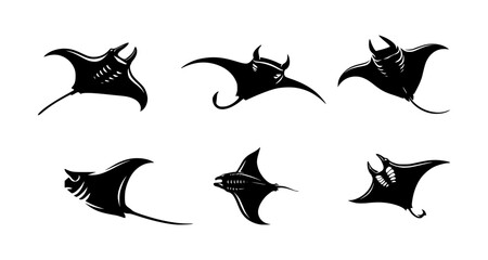 set of manta ray silhouettes on isolated background - obrazy, fototapety, plakaty
