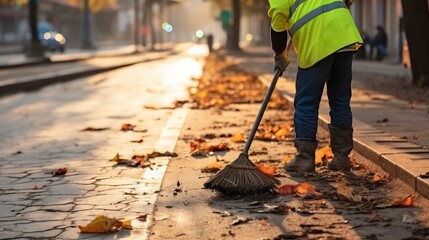 Municipal worker sweep the road with broomstick and collects garbage in scoop. Generative AI - obrazy, fototapety, plakaty