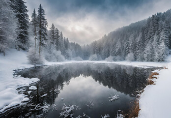 Winter forest in the Carpathians on Lake Vito. - obrazy, fototapety, plakaty