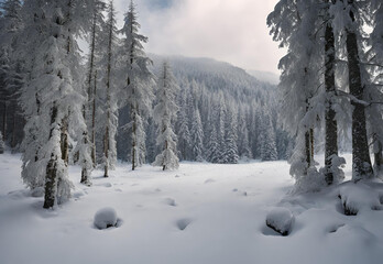 Obraz premium Winter forest in the Carpathians on Lake Vito.