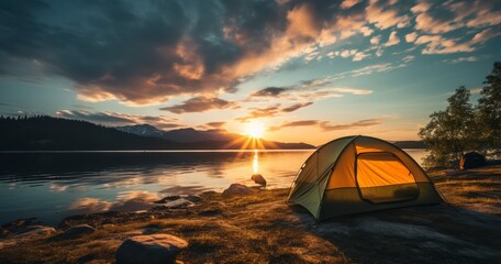 A tent pitched by the lake offers breathtaking views of the sunrise or sunset. Generative AI